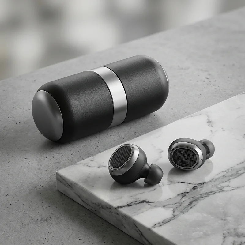 Modern earbuds on marble and concrete