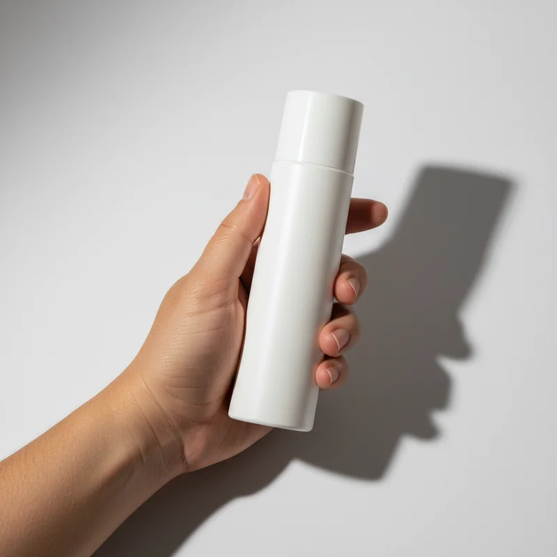 Hand holding white cosmetic bottle
