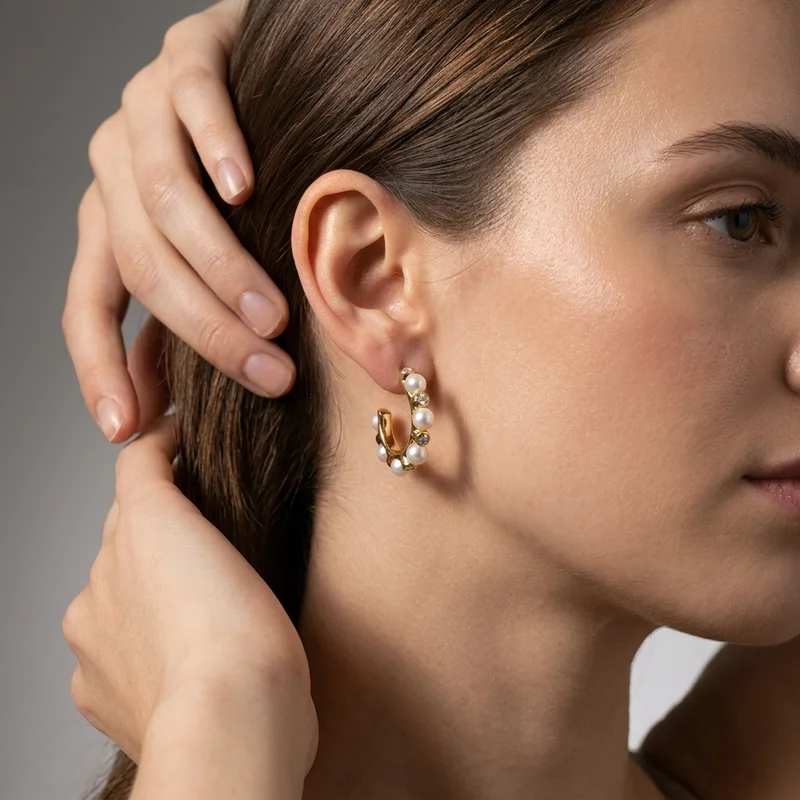 Pearl and crystal gold hoop earring