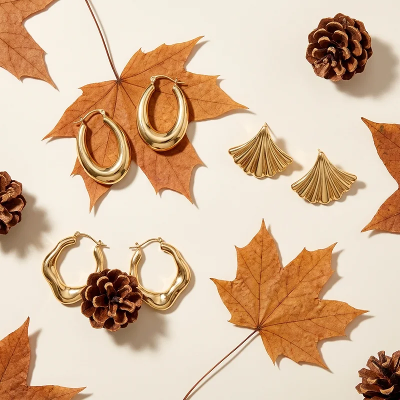Gold jewelry on autumn leaves