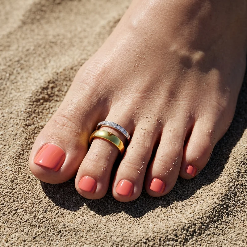 Diamond and gold toe rings in sand