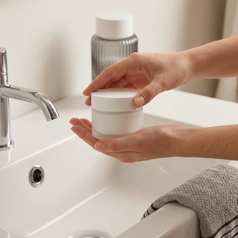 Skincare routine at bathroom sink