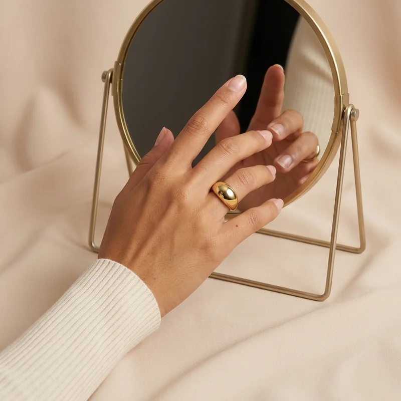 Gold ring and mirror on fabric