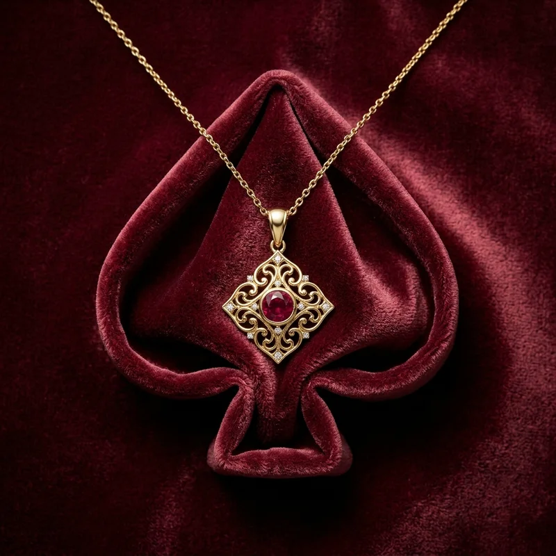 Luxury gold necklace on red velvet spade