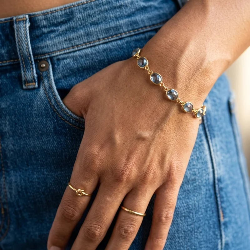 Gold bracelet & rings on denim