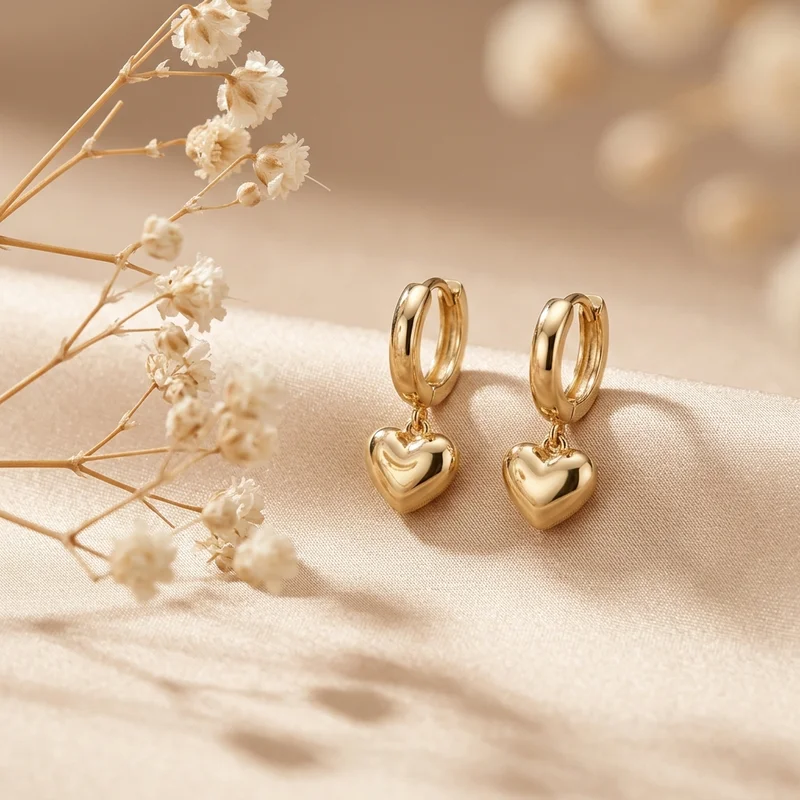 Elegant gold heart earrings on silk