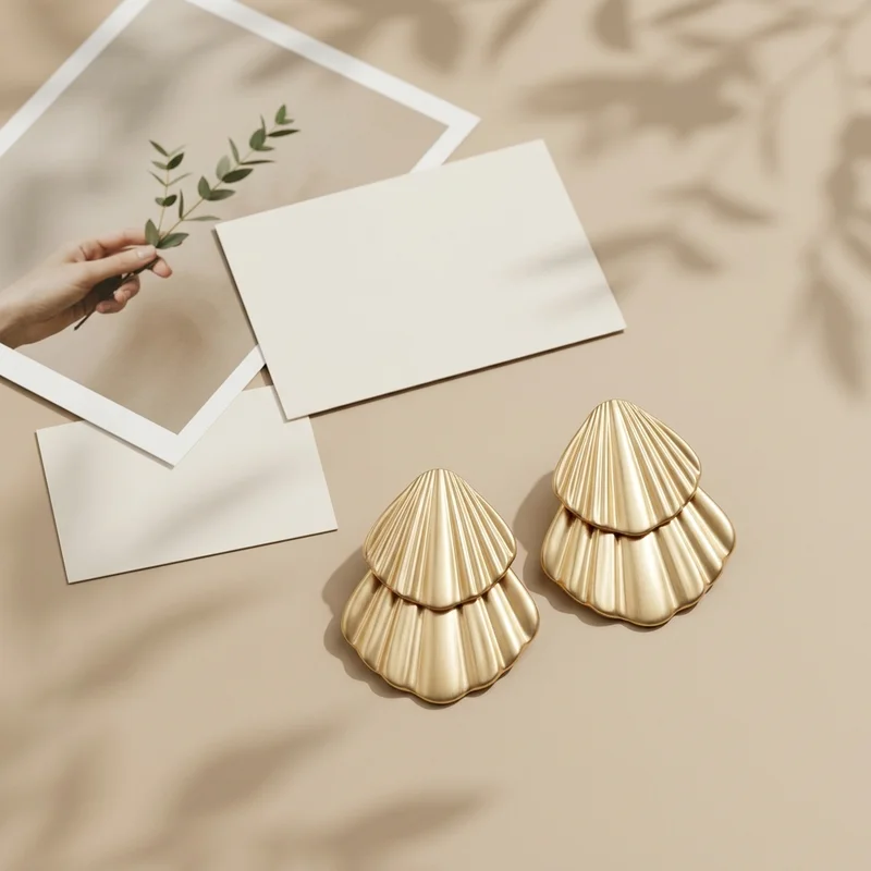 Gold shell earrings on beige paper
