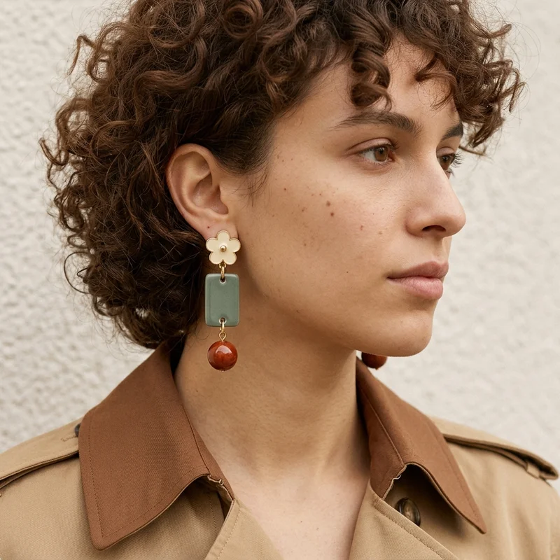 Unique drop earrings on a side profile