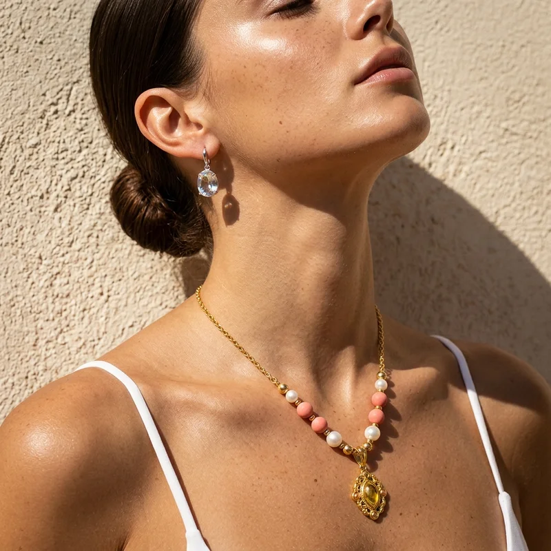 Elegant pearl & coral jewelry portrait