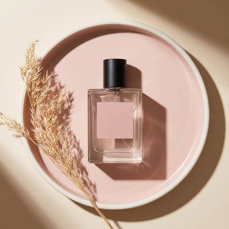 Modern perfume on pink plate