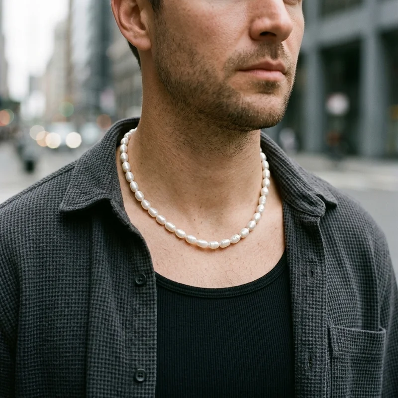 Men's pearl necklace on city street