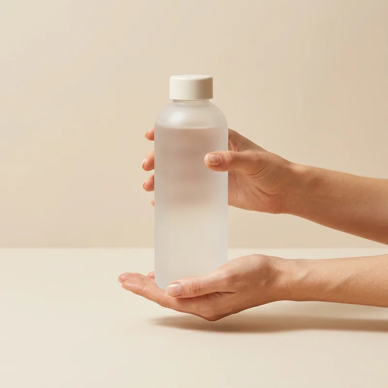 Minimalist bottle held by hands