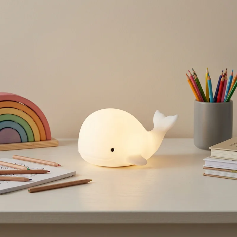 Adorable whale night light on desk