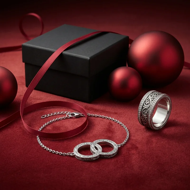 Festive silver jewelry on red velvet