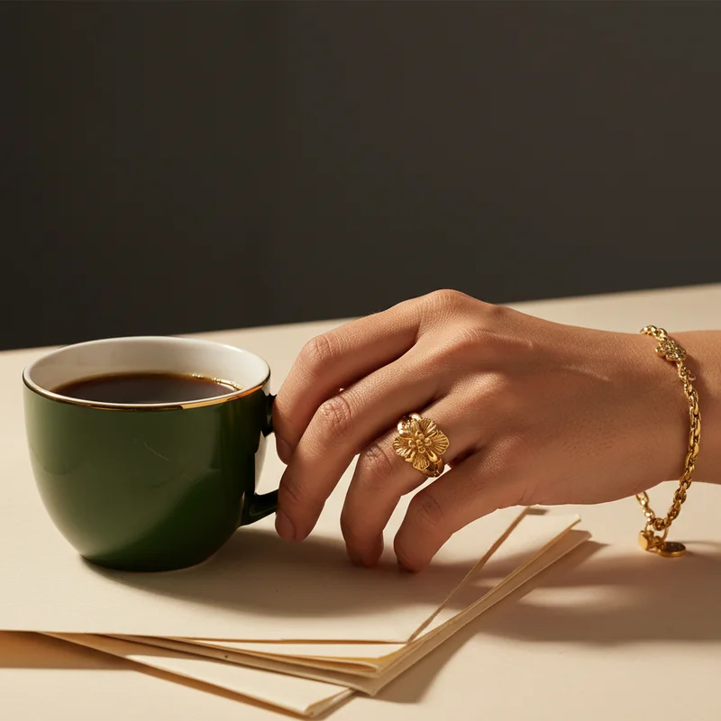 Elegant jewelry with morning coffee