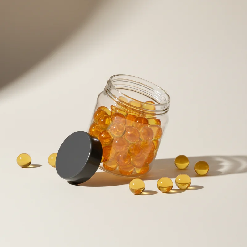 Golden capsules in a glass jar
