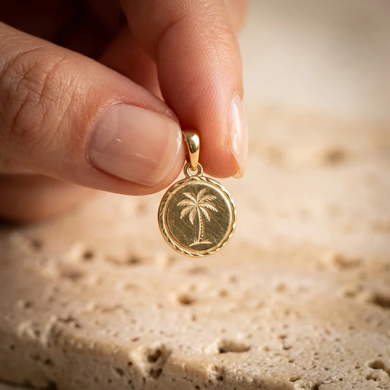 Gold palm tree pendant on stone