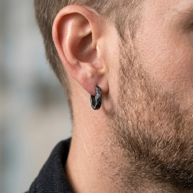 Men's dark textured hoop earring