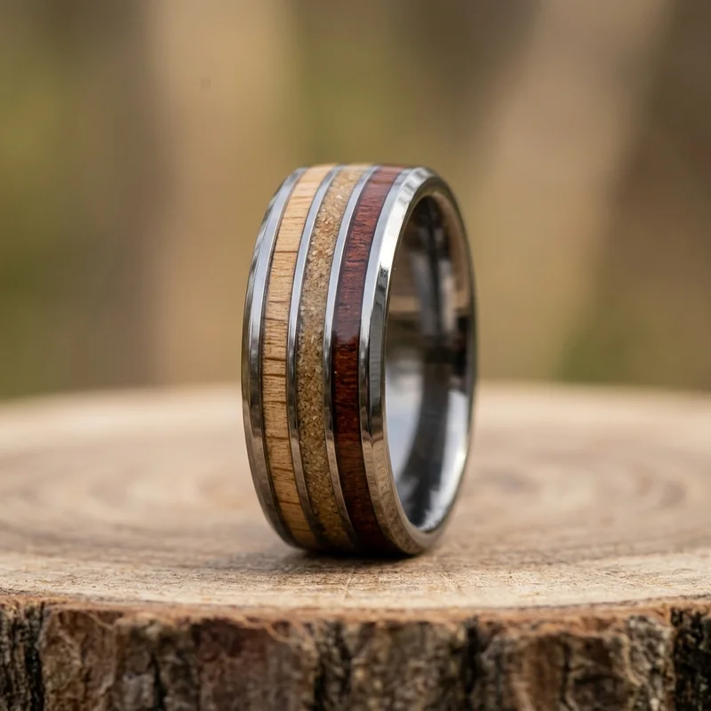 Rustic wood and sand inlay ring