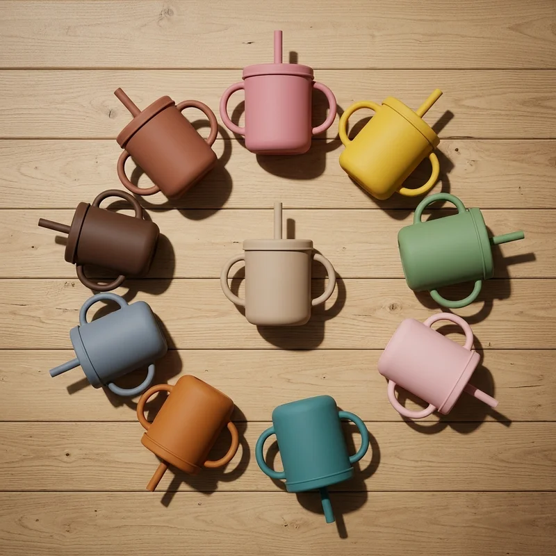 Colorful silicone baby cups on wood