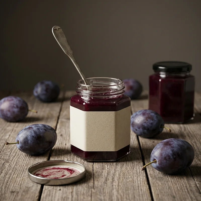 Artisanal plum jam on rustic wood