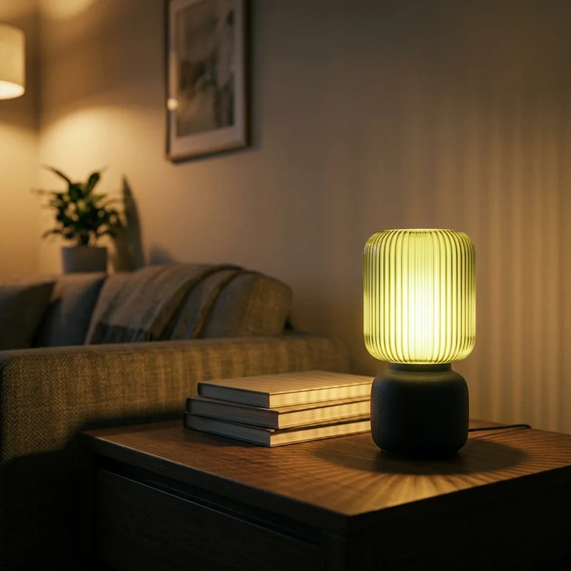 Warm night reading lamp on wood table