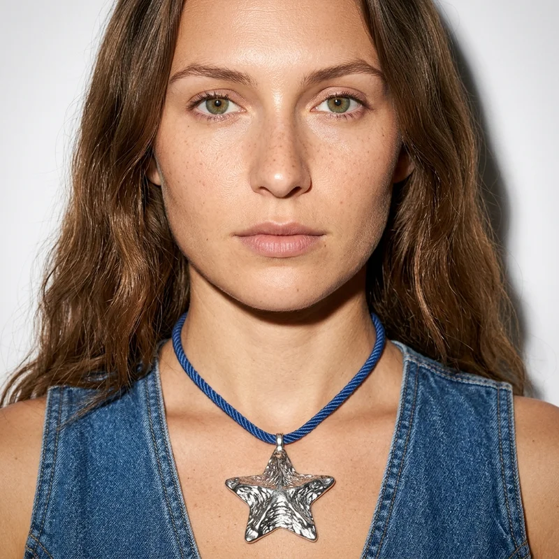Silver starfish necklace on blue cord