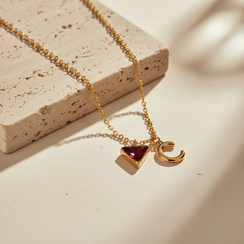 Gold initial necklace on stone
