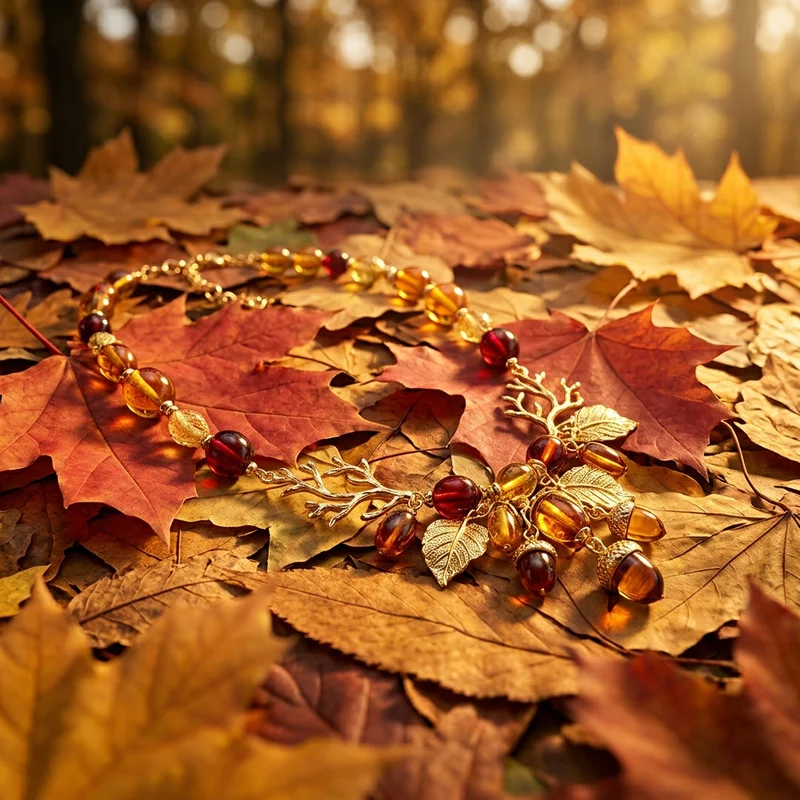 Golden autumn necklace on leaves
