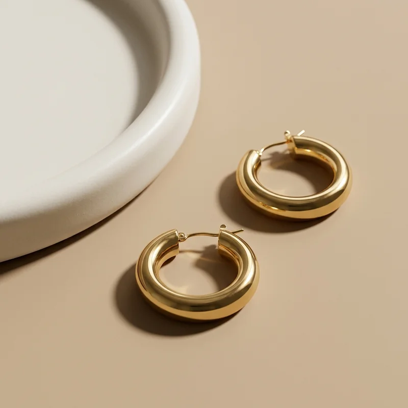 Minimalist gold hoops on beige