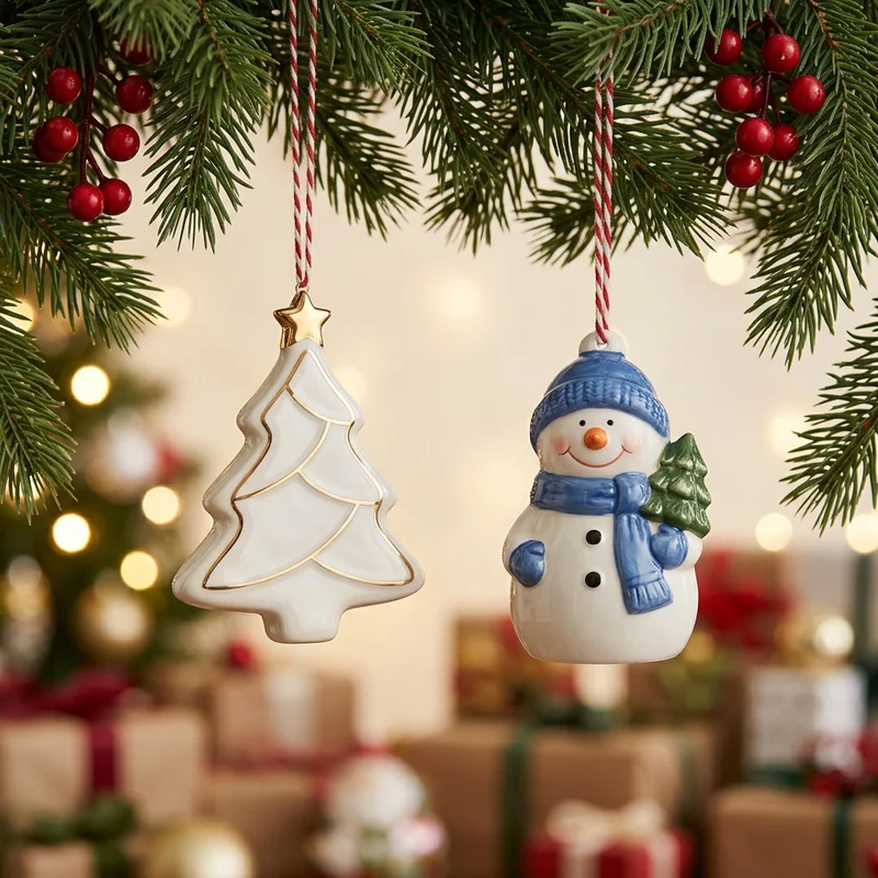 Ceramic ornaments on glowing tree