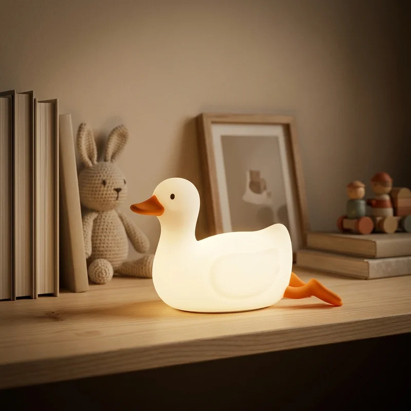 Cozy duck night light on nursery shelf