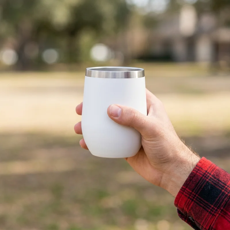 Hand holding tumbler outdoors