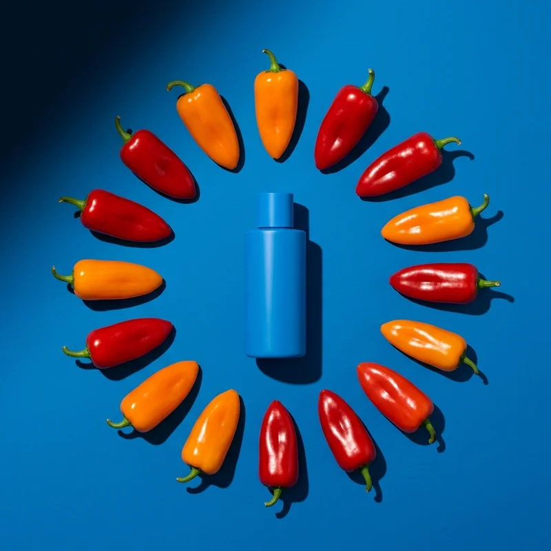 Spicy blue bottle flat lay