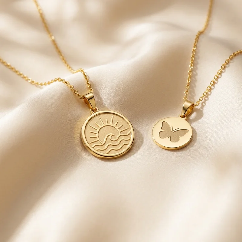 Gold pendant necklaces on silk