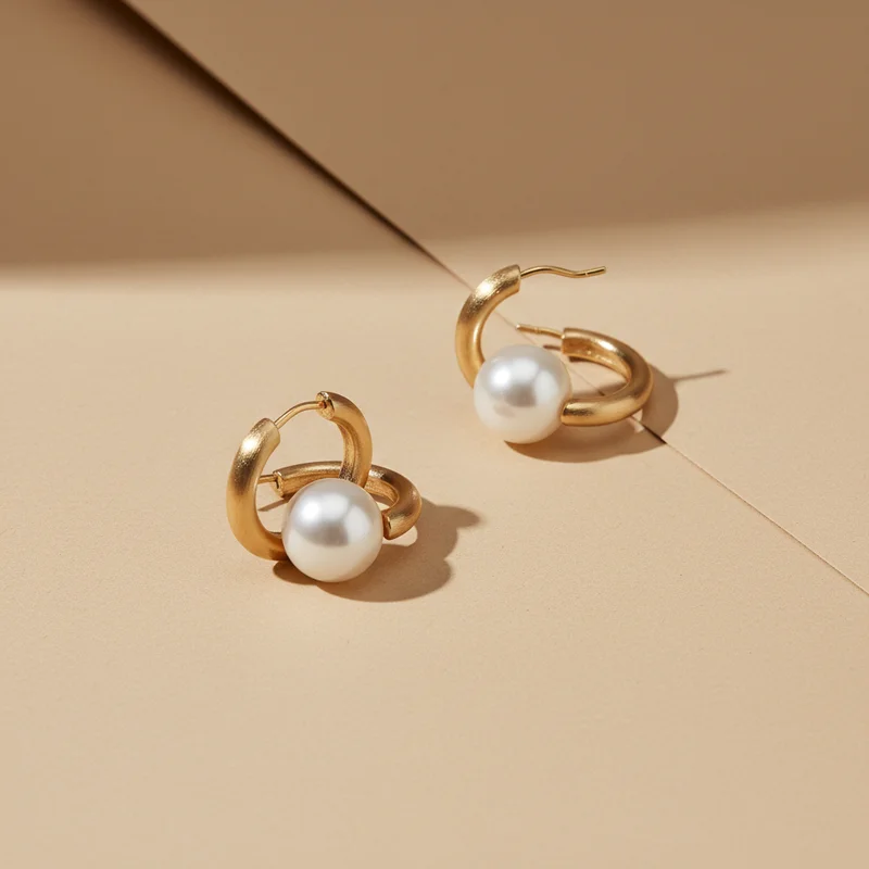 Gold pearl hoop earrings on beige