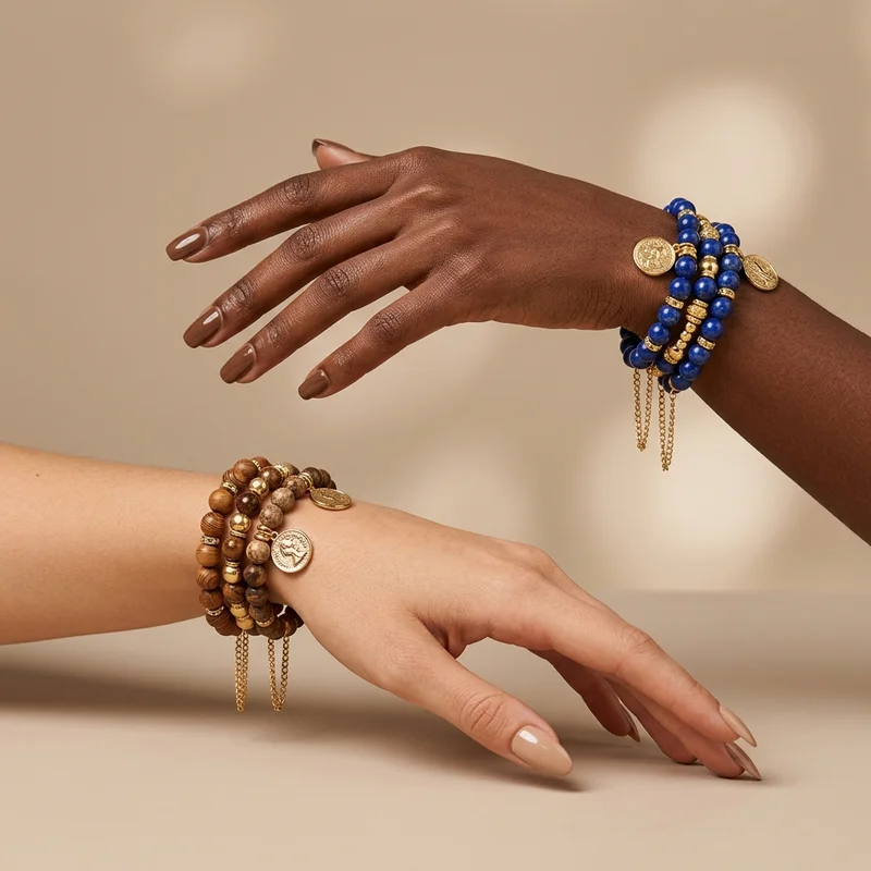 Stacked bracelets on diverse hands