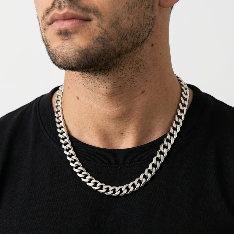 Male model wearing silver chain