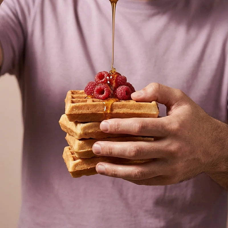Waffles with raspberries and syrup
