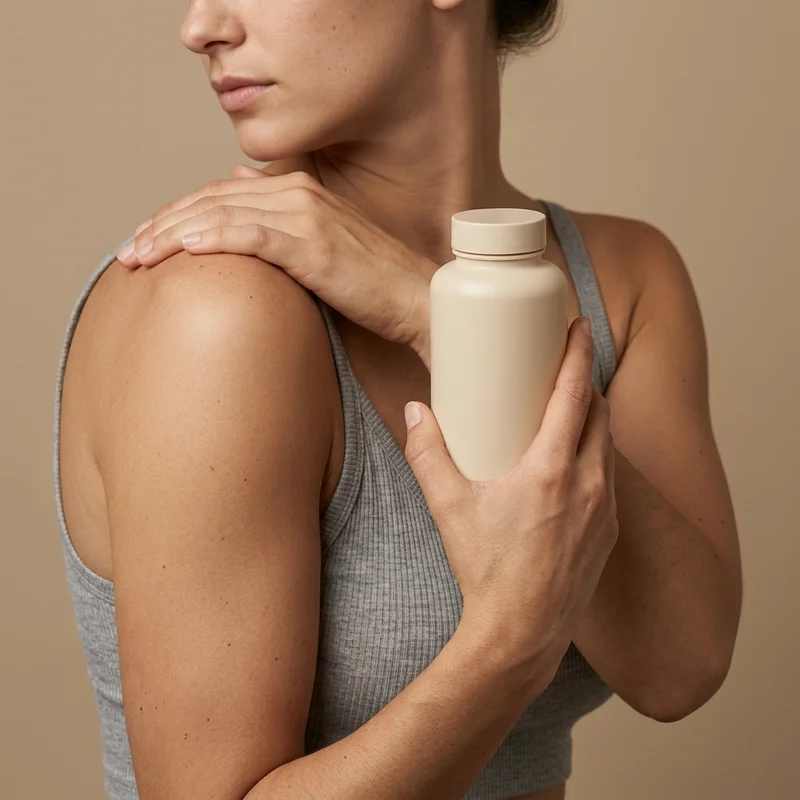 Woman with skincare bottle