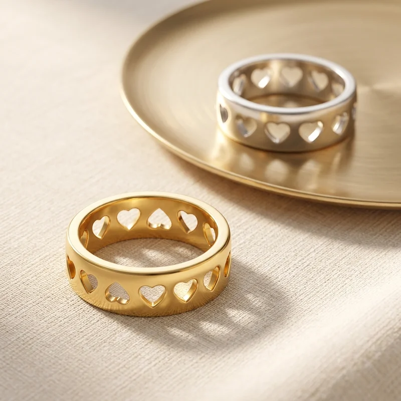 Heart band rings on gold tray