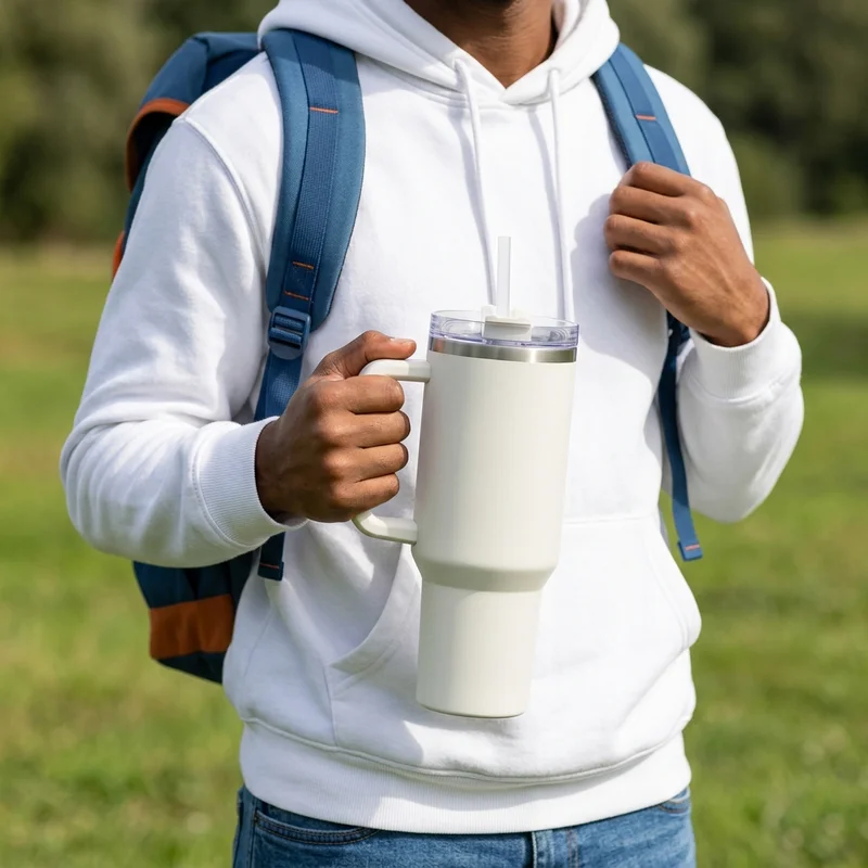 Hiker holding insulated tumbler
