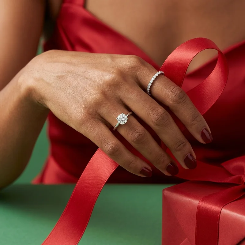 Festive diamond rings on red ribbon