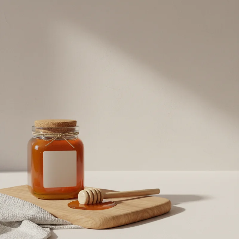 Natural honey jar on wood