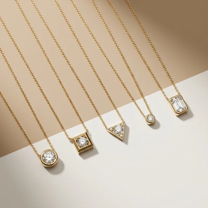 Geometric gold necklaces on split background