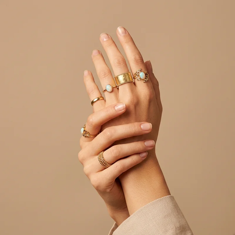 Elegant gold rings on clasped hands