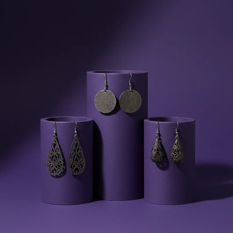 Elegant earrings on purple pedestals