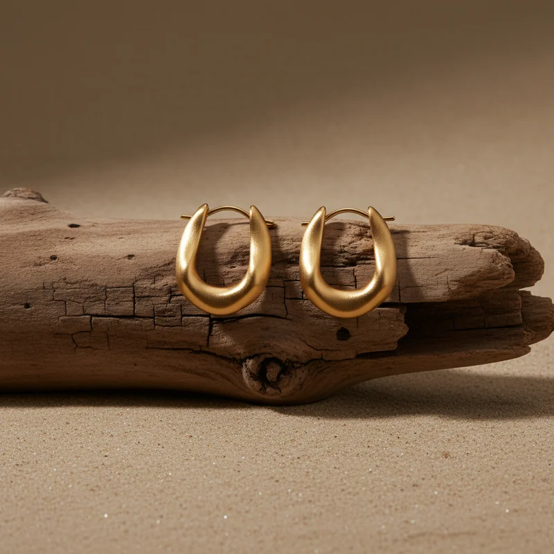 Golden earrings on natural wood