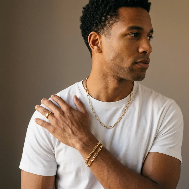 Modern gold jewelry on model