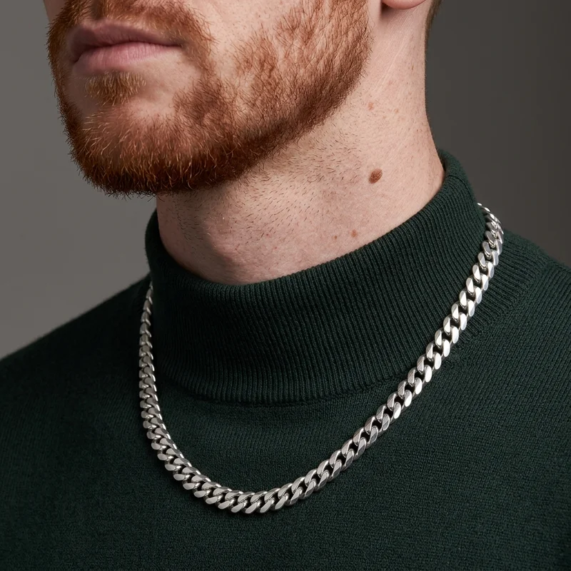 Men's silver chain on turtleneck